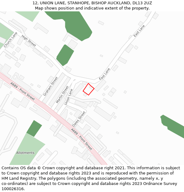 12, UNION LANE, STANHOPE, BISHOP AUCKLAND, DL13 2UZ: Location map and indicative extent of plot