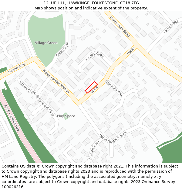 12, UPHILL, HAWKINGE, FOLKESTONE, CT18 7FG: Location map and indicative extent of plot