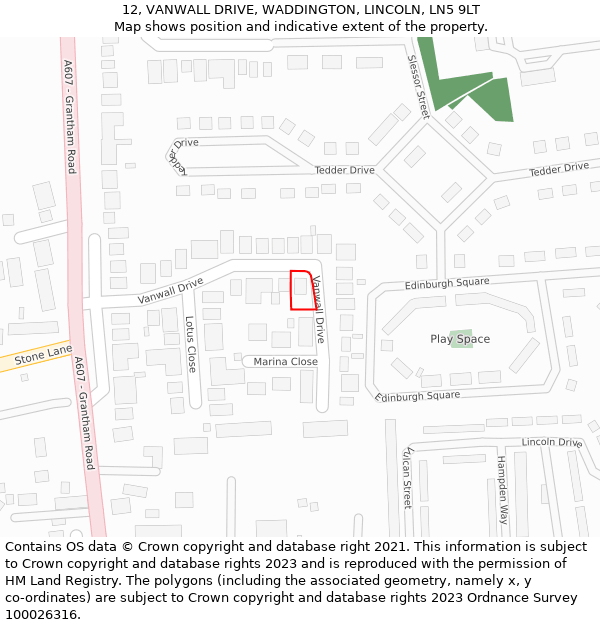 12, VANWALL DRIVE, WADDINGTON, LINCOLN, LN5 9LT: Location map and indicative extent of plot