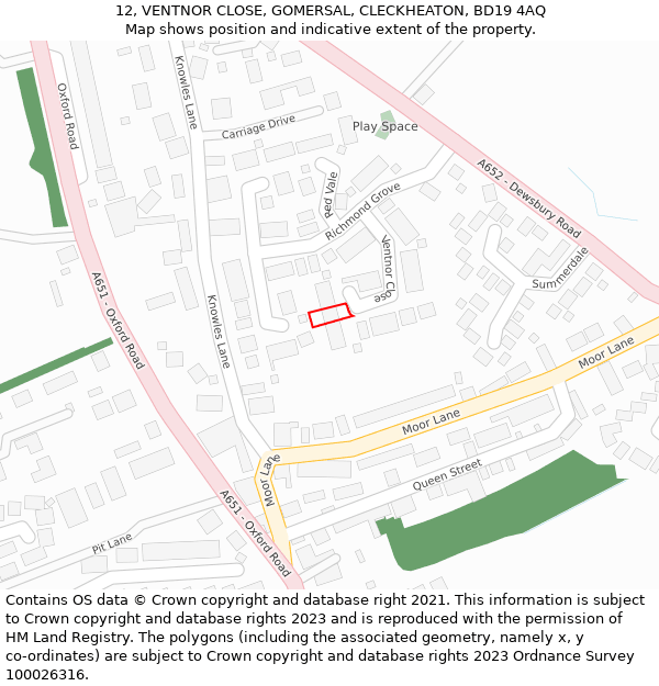 12, VENTNOR CLOSE, GOMERSAL, CLECKHEATON, BD19 4AQ: Location map and indicative extent of plot