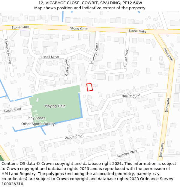 12, VICARAGE CLOSE, COWBIT, SPALDING, PE12 6XW: Location map and indicative extent of plot