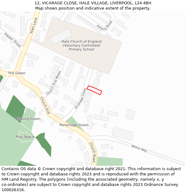 12, VICARAGE CLOSE, HALE VILLAGE, LIVERPOOL, L24 4BH: Location map and indicative extent of plot