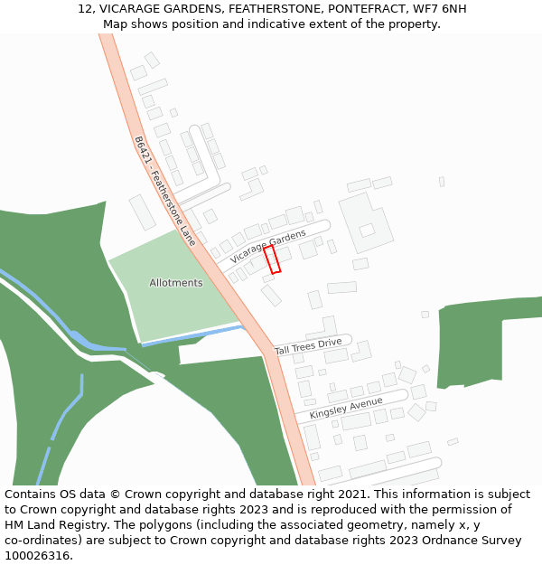12, VICARAGE GARDENS, FEATHERSTONE, PONTEFRACT, WF7 6NH: Location map and indicative extent of plot