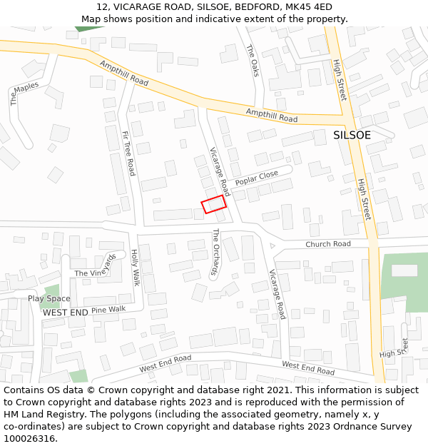 12, VICARAGE ROAD, SILSOE, BEDFORD, MK45 4ED: Location map and indicative extent of plot