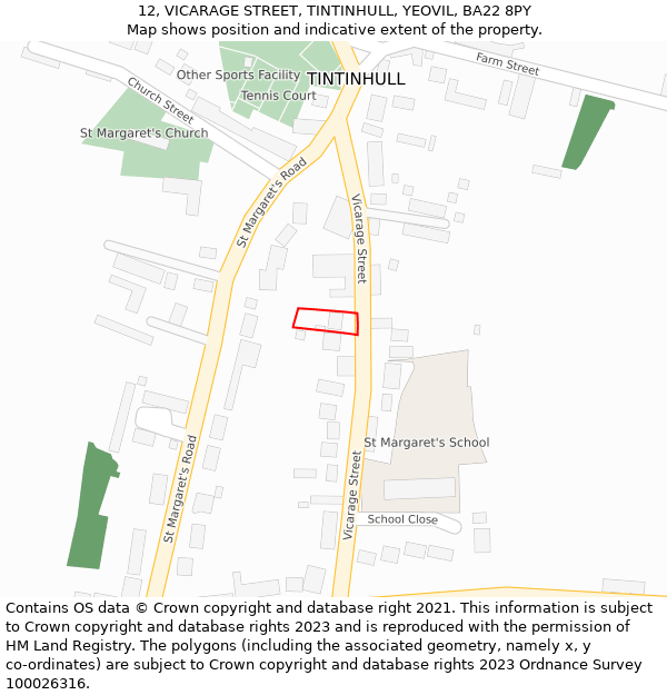 12, VICARAGE STREET, TINTINHULL, YEOVIL, BA22 8PY: Location map and indicative extent of plot