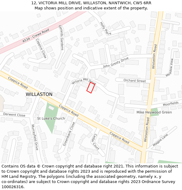 12, VICTORIA MILL DRIVE, WILLASTON, NANTWICH, CW5 6RR: Location map and indicative extent of plot