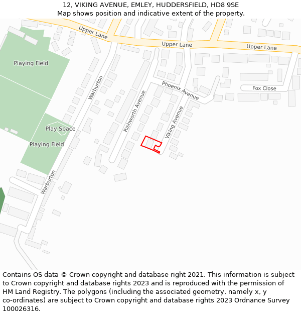 12, VIKING AVENUE, EMLEY, HUDDERSFIELD, HD8 9SE: Location map and indicative extent of plot