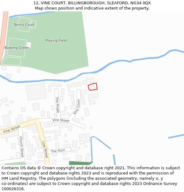 12, VINE COURT, BILLINGBOROUGH, SLEAFORD, NG34 0QX: Location map and indicative extent of plot