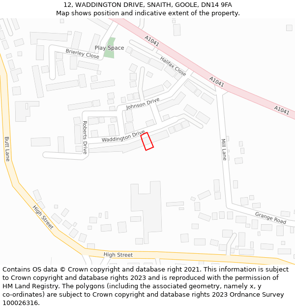 12, WADDINGTON DRIVE, SNAITH, GOOLE, DN14 9FA: Location map and indicative extent of plot