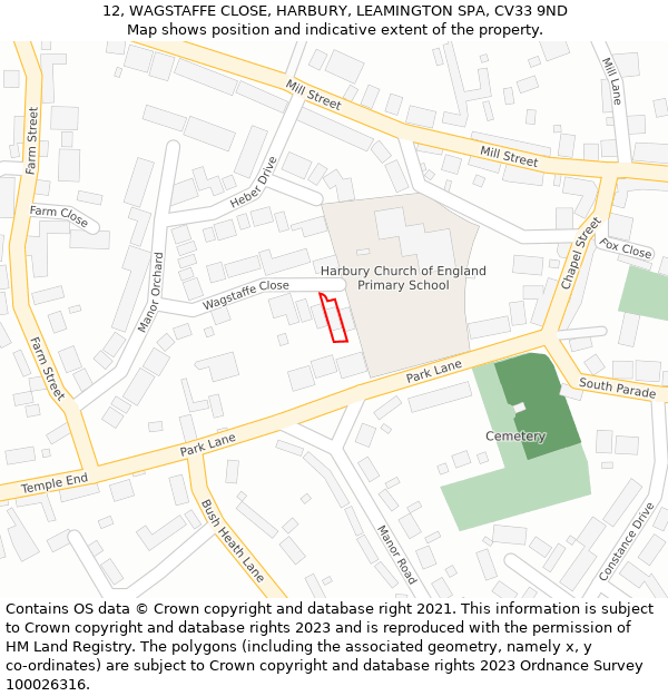 12, WAGSTAFFE CLOSE, HARBURY, LEAMINGTON SPA, CV33 9ND: Location map and indicative extent of plot