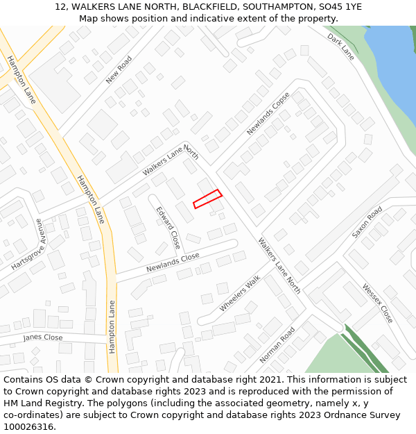 12, WALKERS LANE NORTH, BLACKFIELD, SOUTHAMPTON, SO45 1YE: Location map and indicative extent of plot