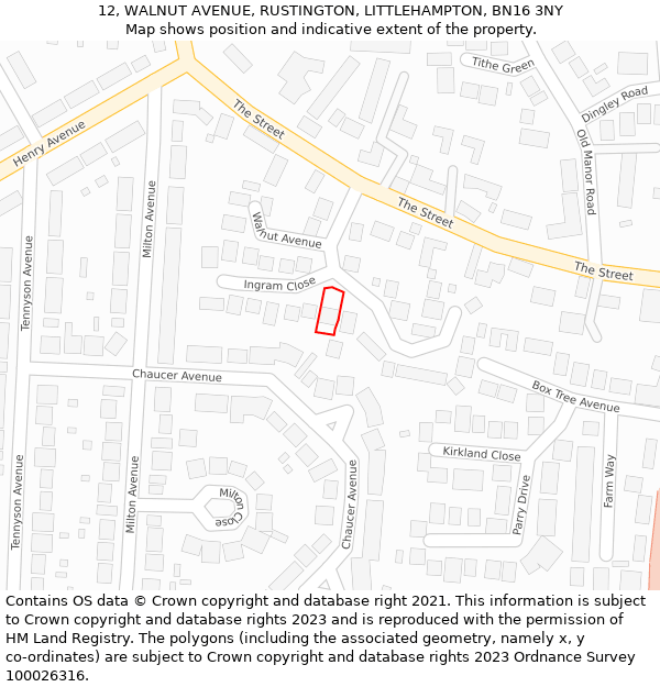 12, WALNUT AVENUE, RUSTINGTON, LITTLEHAMPTON, BN16 3NY: Location map and indicative extent of plot