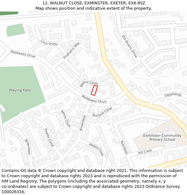 12, WALNUT CLOSE, EXMINSTER, EXETER, EX6 8SZ: Location map and indicative extent of plot