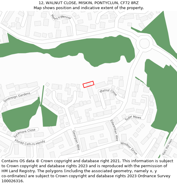 12, WALNUT CLOSE, MISKIN, PONTYCLUN, CF72 8RZ: Location map and indicative extent of plot