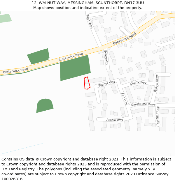 12, WALNUT WAY, MESSINGHAM, SCUNTHORPE, DN17 3UU: Location map and indicative extent of plot