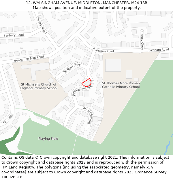 12, WALSINGHAM AVENUE, MIDDLETON, MANCHESTER, M24 1SR: Location map and indicative extent of plot