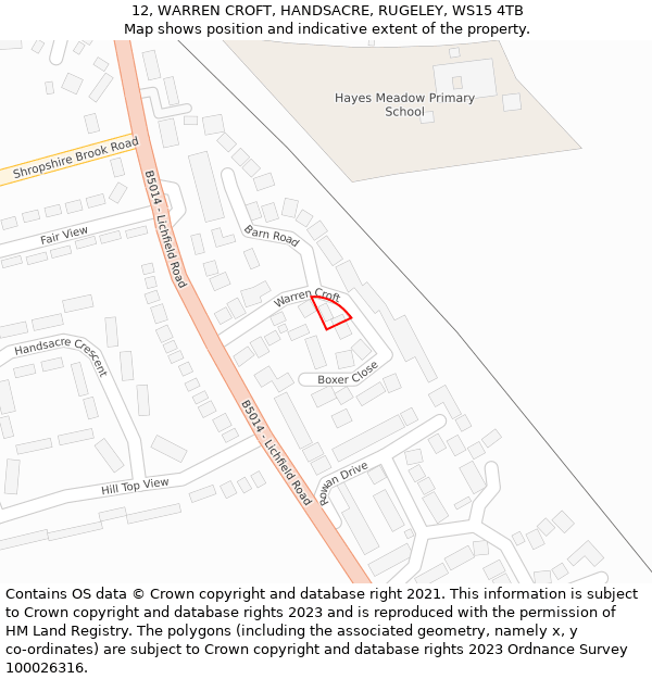 12, WARREN CROFT, HANDSACRE, RUGELEY, WS15 4TB: Location map and indicative extent of plot