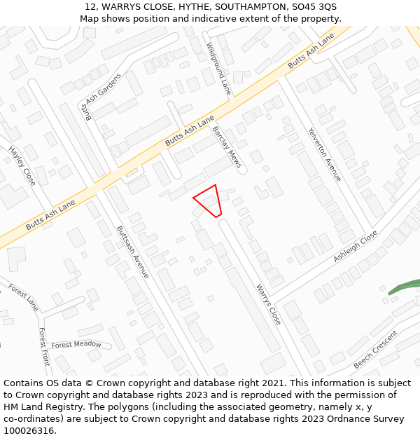 12, WARRYS CLOSE, HYTHE, SOUTHAMPTON, SO45 3QS: Location map and indicative extent of plot