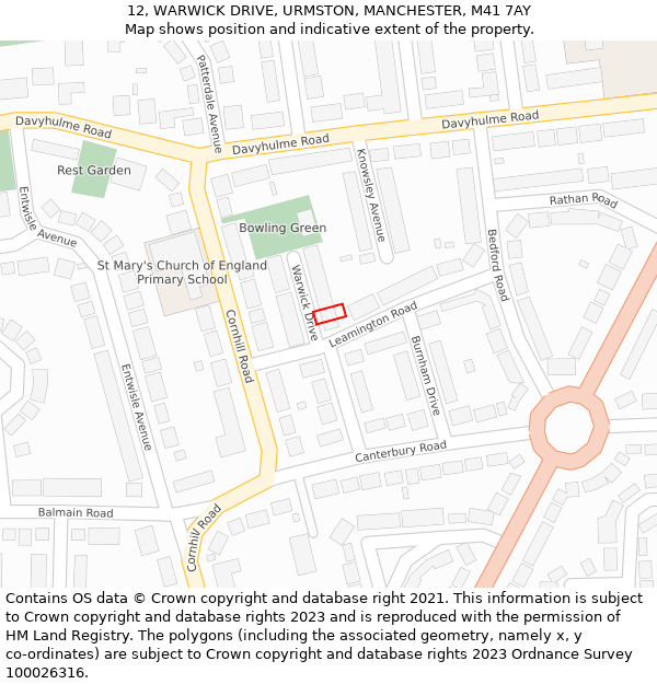 12, WARWICK DRIVE, URMSTON, MANCHESTER, M41 7AY: Location map and indicative extent of plot