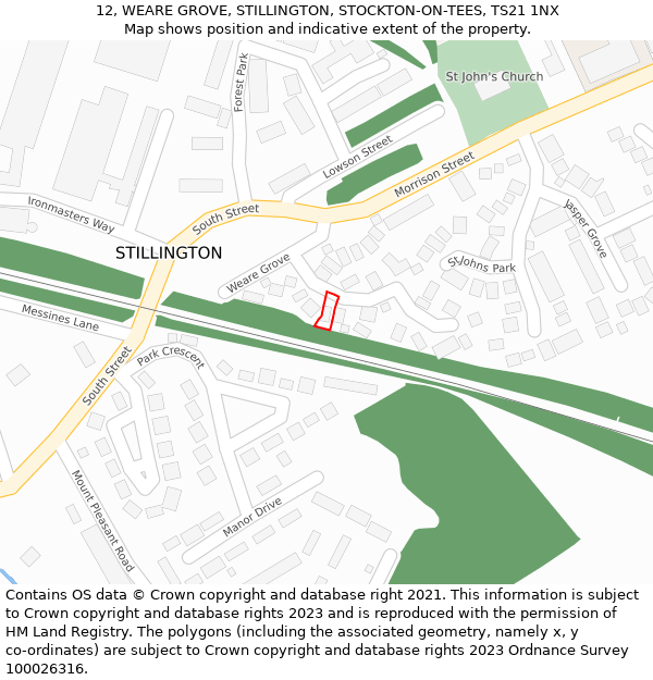 12, WEARE GROVE, STILLINGTON, STOCKTON-ON-TEES, TS21 1NX: Location map and indicative extent of plot