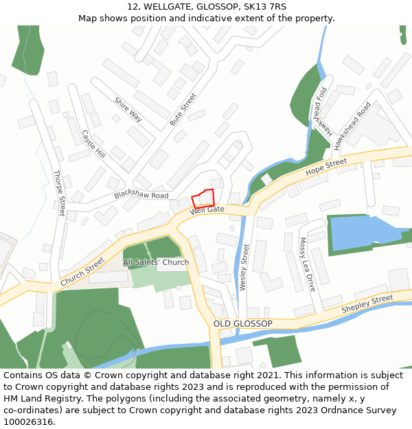 12, WELLGATE, GLOSSOP, SK13 7RS: Location map and indicative extent of plot