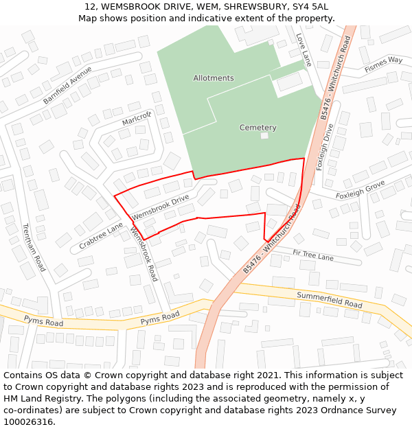 12, WEMSBROOK DRIVE, WEM, SHREWSBURY, SY4 5AL: Location map and indicative extent of plot