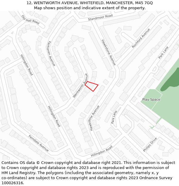 12, WENTWORTH AVENUE, WHITEFIELD, MANCHESTER, M45 7GQ: Location map and indicative extent of plot