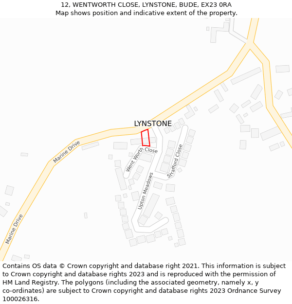 12, WENTWORTH CLOSE, LYNSTONE, BUDE, EX23 0RA: Location map and indicative extent of plot