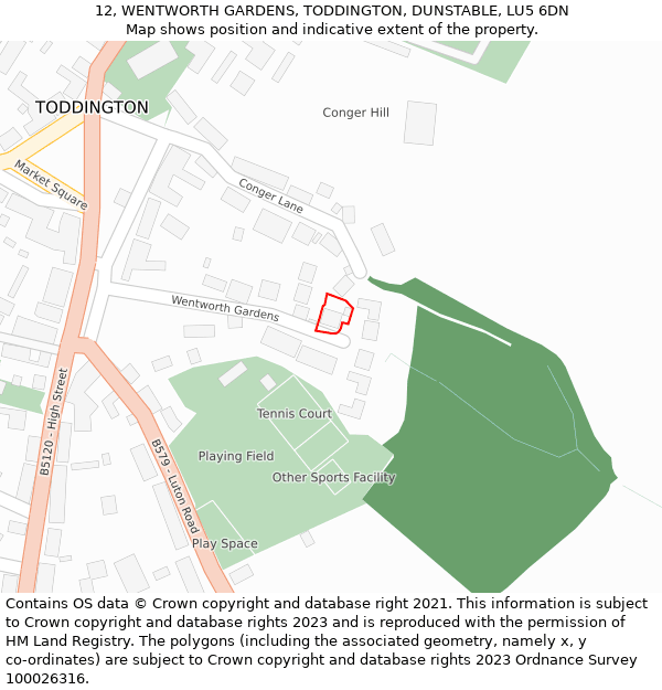 12, WENTWORTH GARDENS, TODDINGTON, DUNSTABLE, LU5 6DN: Location map and indicative extent of plot