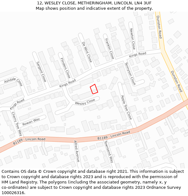 12, WESLEY CLOSE, METHERINGHAM, LINCOLN, LN4 3UF: Location map and indicative extent of plot