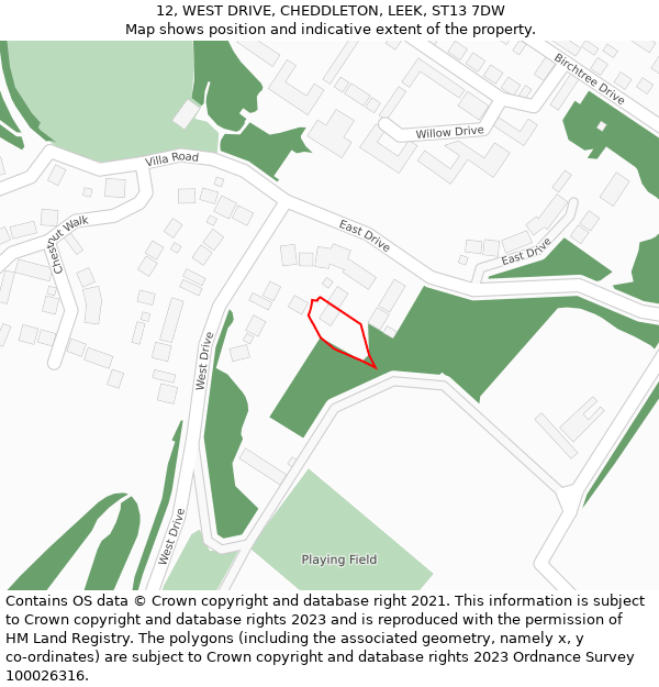 12, WEST DRIVE, CHEDDLETON, LEEK, ST13 7DW: Location map and indicative extent of plot