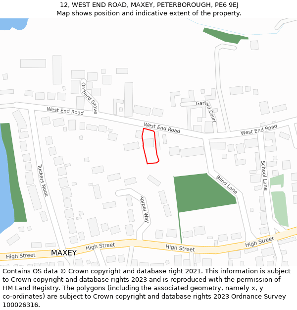 12, WEST END ROAD, MAXEY, PETERBOROUGH, PE6 9EJ: Location map and indicative extent of plot