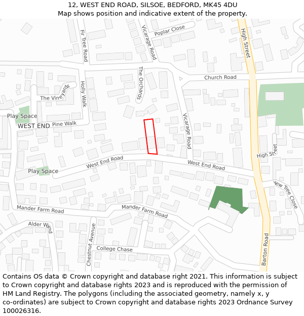 12, WEST END ROAD, SILSOE, BEDFORD, MK45 4DU: Location map and indicative extent of plot