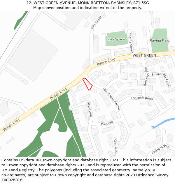 12, WEST GREEN AVENUE, MONK BRETTON, BARNSLEY, S71 5SG: Location map and indicative extent of plot