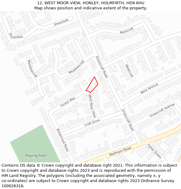 12, WEST MOOR VIEW, HONLEY, HOLMFIRTH, HD9 6HU: Location map and indicative extent of plot