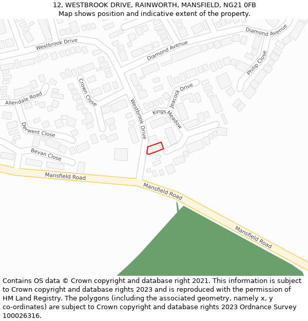 12, WESTBROOK DRIVE, RAINWORTH, MANSFIELD, NG21 0FB: Location map and indicative extent of plot