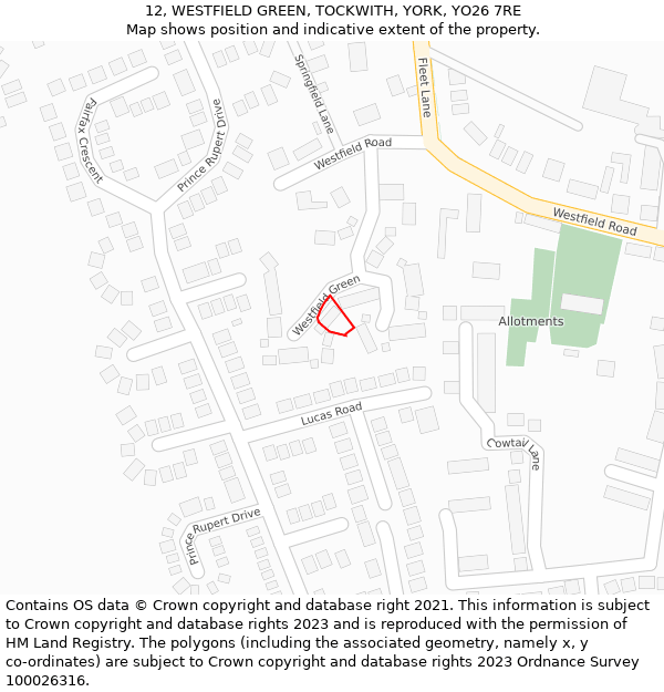 12, WESTFIELD GREEN, TOCKWITH, YORK, YO26 7RE: Location map and indicative extent of plot