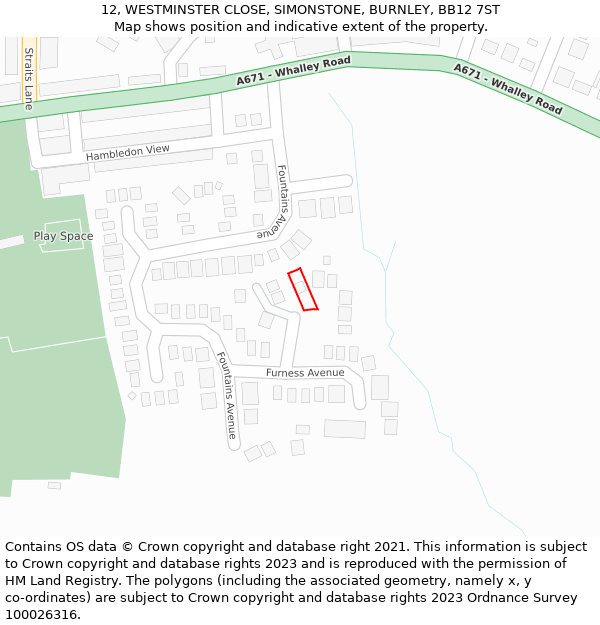 12, WESTMINSTER CLOSE, SIMONSTONE, BURNLEY, BB12 7ST: Location map and indicative extent of plot