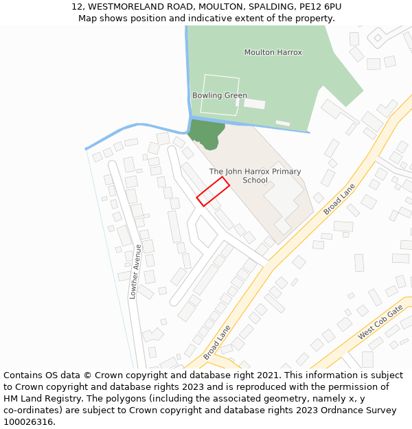 12, WESTMORELAND ROAD, MOULTON, SPALDING, PE12 6PU: Location map and indicative extent of plot