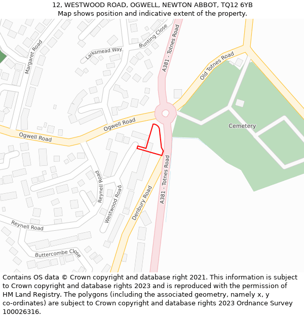 12, WESTWOOD ROAD, OGWELL, NEWTON ABBOT, TQ12 6YB: Location map and indicative extent of plot