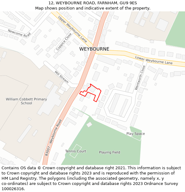 12, WEYBOURNE ROAD, FARNHAM, GU9 9ES: Location map and indicative extent of plot