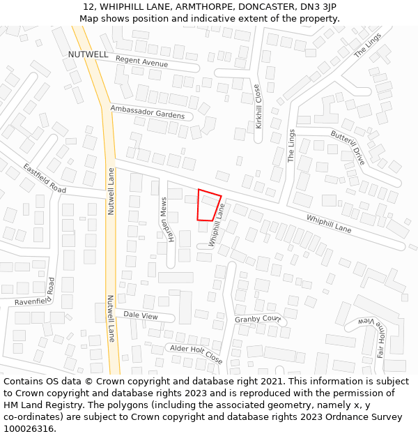 12, WHIPHILL LANE, ARMTHORPE, DONCASTER, DN3 3JP: Location map and indicative extent of plot