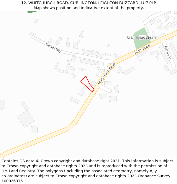 12, WHITCHURCH ROAD, CUBLINGTON, LEIGHTON BUZZARD, LU7 0LP: Location map and indicative extent of plot