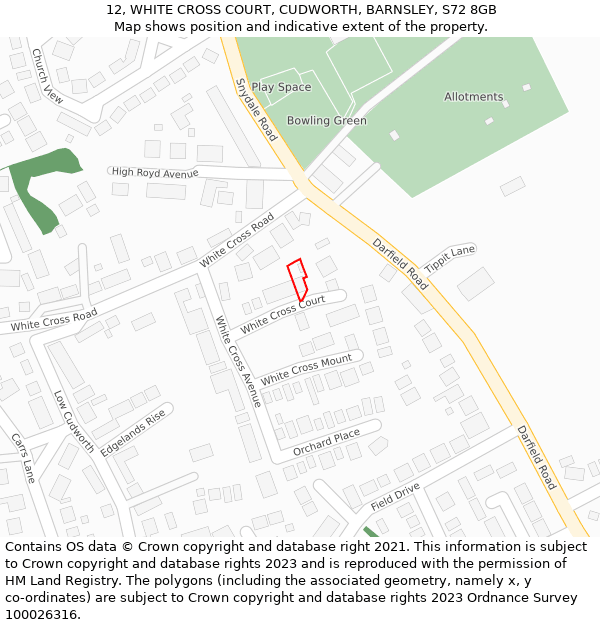 12, WHITE CROSS COURT, CUDWORTH, BARNSLEY, S72 8GB: Location map and indicative extent of plot