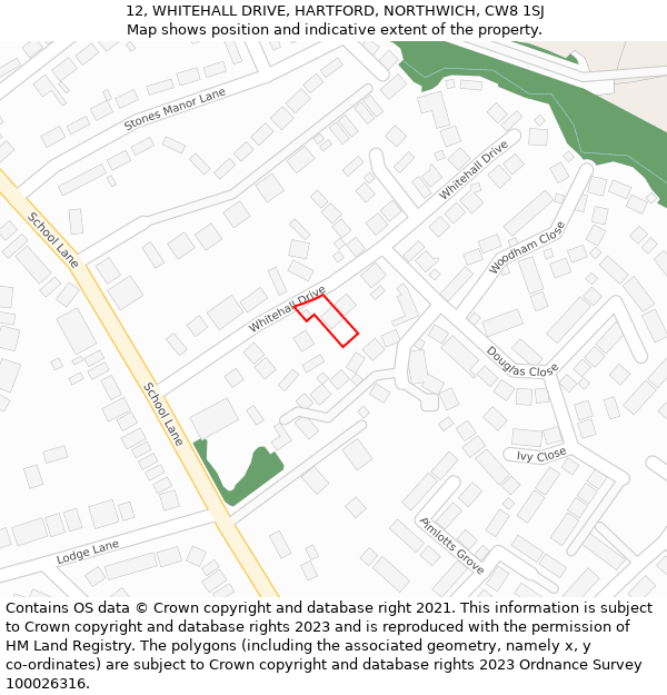 12, WHITEHALL DRIVE, HARTFORD, NORTHWICH, CW8 1SJ: Location map and indicative extent of plot