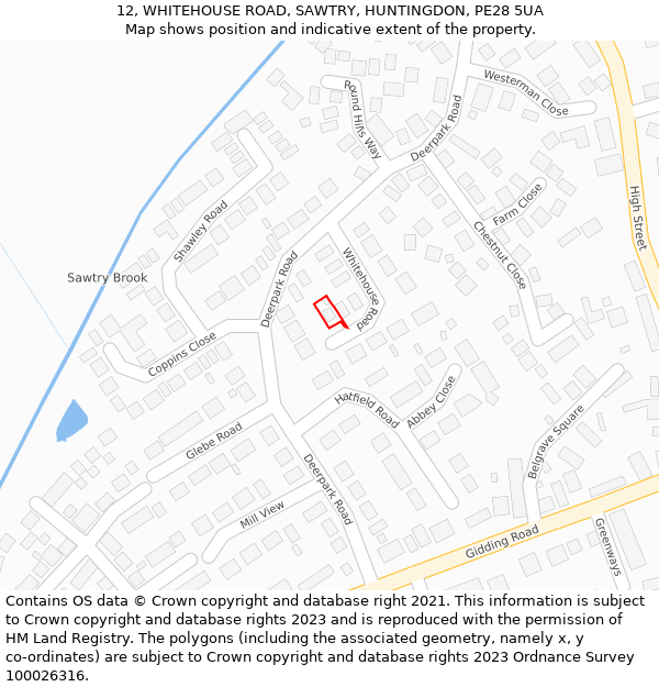 12, WHITEHOUSE ROAD, SAWTRY, HUNTINGDON, PE28 5UA: Location map and indicative extent of plot