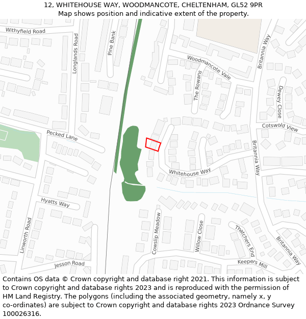 12, WHITEHOUSE WAY, WOODMANCOTE, CHELTENHAM, GL52 9PR: Location map and indicative extent of plot