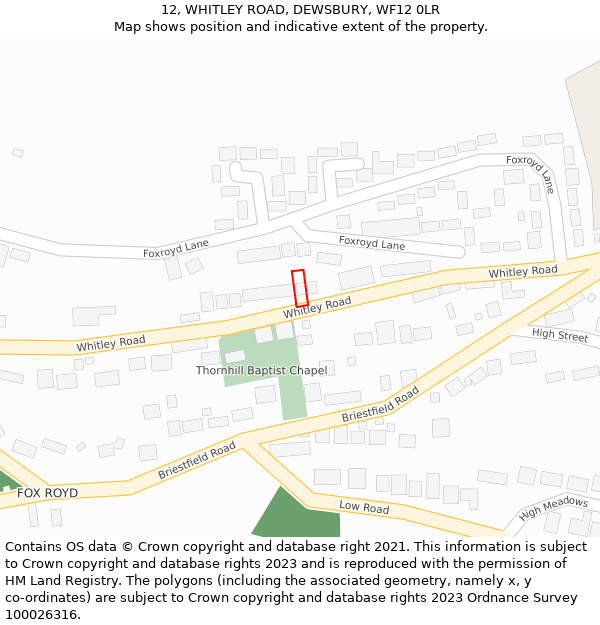 12, WHITLEY ROAD, DEWSBURY, WF12 0LR: Location map and indicative extent of plot