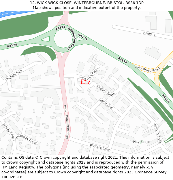 12, WICK WICK CLOSE, WINTERBOURNE, BRISTOL, BS36 1DP: Location map and indicative extent of plot