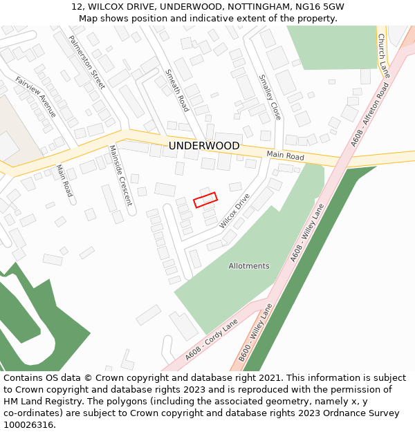 12, WILCOX DRIVE, UNDERWOOD, NOTTINGHAM, NG16 5GW: Location map and indicative extent of plot